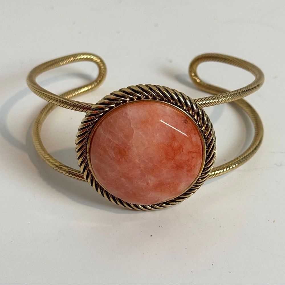 Gold Tone Rope Cuff Bracelet Pink Gemstone